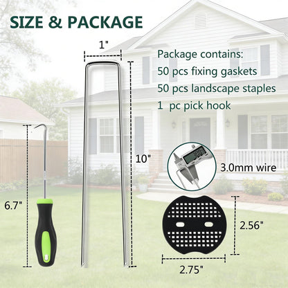 10 Inch 50 PCS Galvanized Landscape Staples with 50 PCS Gasket, Landscape Fabric Pins Stakes Lawn Ground Cover Graden Staples Spikes Weed Barrier Stakes