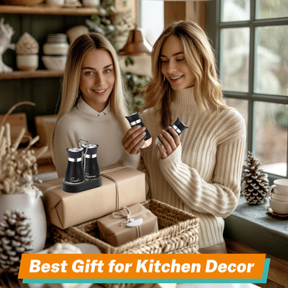 Black Salt and Pepper Shakers Set with Holder,4 oz kitchen accessories and decor for Restaurant, Wedding, Housewarming Gifts Refillable Design (Black)