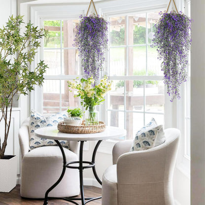 RECUTMS Artificial Vine Plants 2 Pack Fake Hanging Flower Plants Faux Ivy Vine Leaves Plastic Baby Breath Greenery UV Resistant for Home Bedroom Wall Porch Garden Wedding Decor (Purple)
