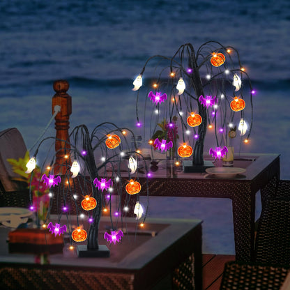 Halloween Table Decorations 18 Inch 36 LED Halloween Willow Tree with Pumpkin Bat Ghost Lights, Timer/USB/Battery Operated Black Halloween Tree Spooky Halloween Decorations Indoor Home Party Room Gift