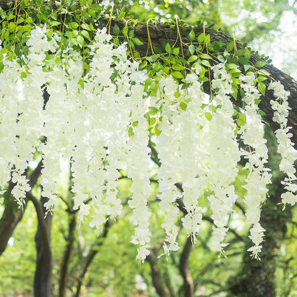 GPARK (36 Branches 12 Pack /45 inch /3.7ft Wisteria Hanging Artificial Flowers Fake Bushy Silk Vine Garland String for Wedding Party Garden Greenery Home Wall Deco Beige+Green+White