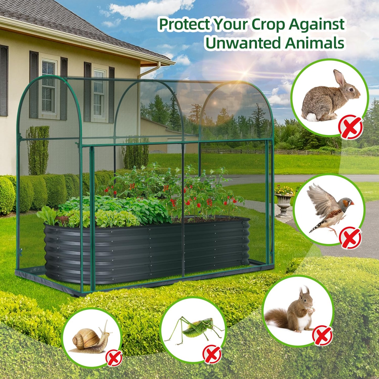 Ohuhu Crop Cages for Garden Plant: 6x3x5 Ft Tent Cage, Plant Netting Cover with Zipper, Garden Bed Cover, Plant Cover from Animal Wind-Resistant Garden Cage for Fruit Vegetable Flower