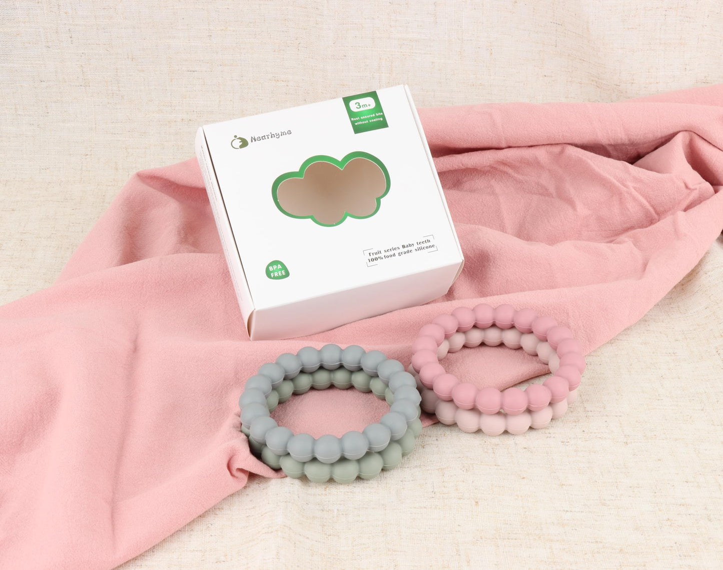 Nearbyme Silicone Teether Rings, 4 Neutral (White, Beige, etc.) Baby Teether Bracelets for 3m+ Babies to Self-Soothe
