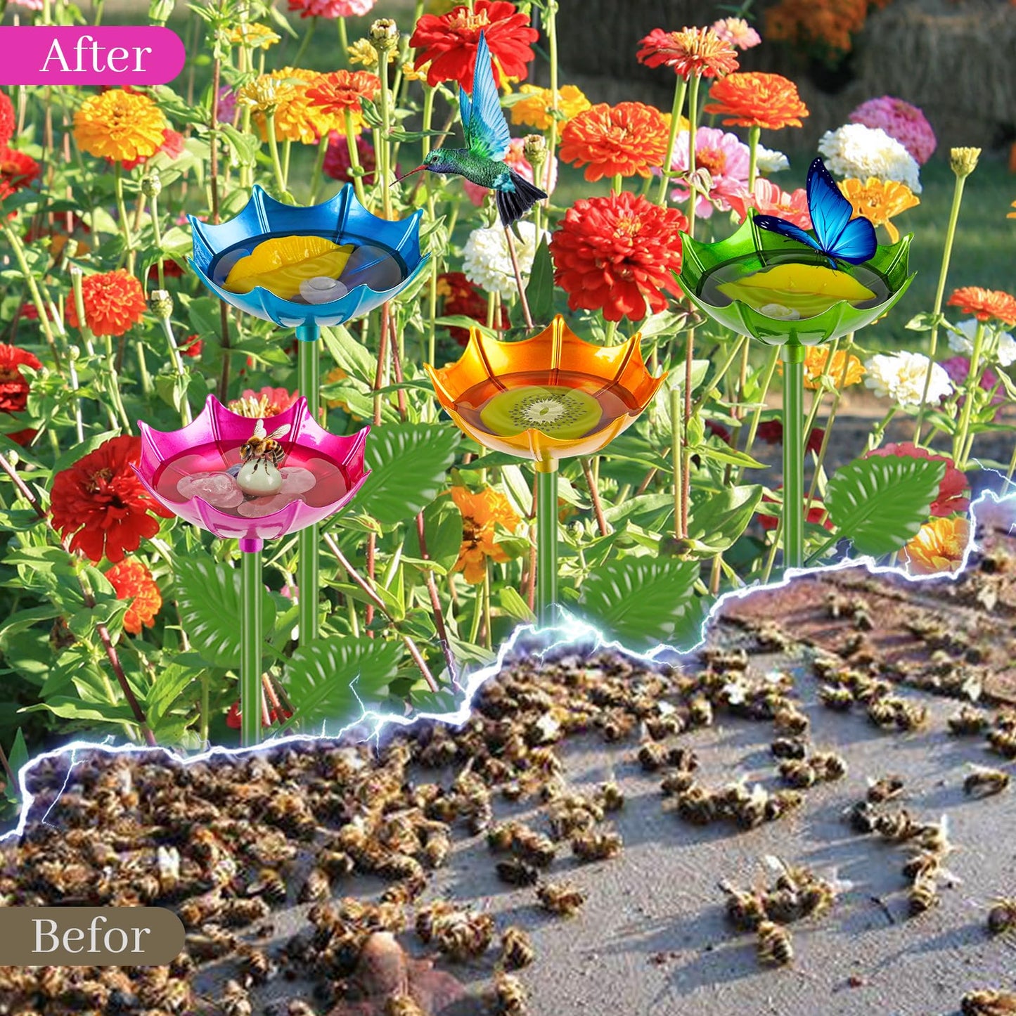 Retyion Bee Watering Station | 4 Pack Butterfly Feeder for Outside | Metal Decorative Garden Stakes | Bee Baths for Garden Yard Decor Umbrella Design (Red,Green,Blue,Yellow)