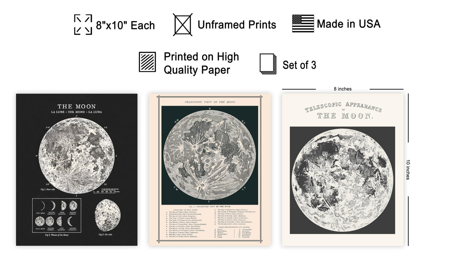 Poster Master 3-Piece Moon Wall Art Set, 8x10 Unframed Art Print Posters, Lunar Home Decor, Astrological Room Decoration Poster, Black & White Moon Design, Gift for Planetary Astrology Fans