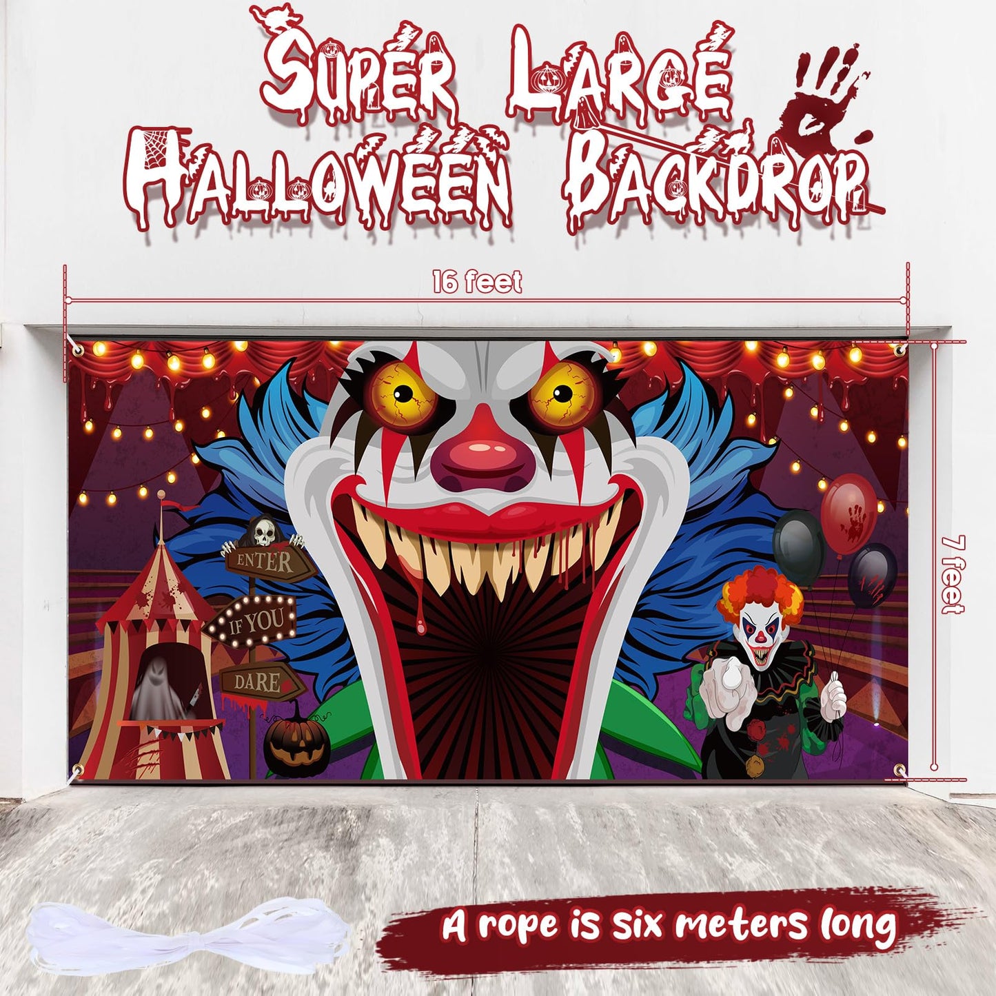 Ganeen Halloween Garage Door Cover 7 x 16 ft Clown Halloween Party Decorations Horror Garage Door Banner Scary Holiday Backdrop, Assembly Needed