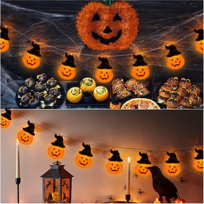 Orange Halloween Pumpkin String Lights with Witch Hat, 20FT 30 LED Pumpkin Halloween Lights String Outdoor with 8 Lighting Modes for Home Indoor Outdoor Party Decor