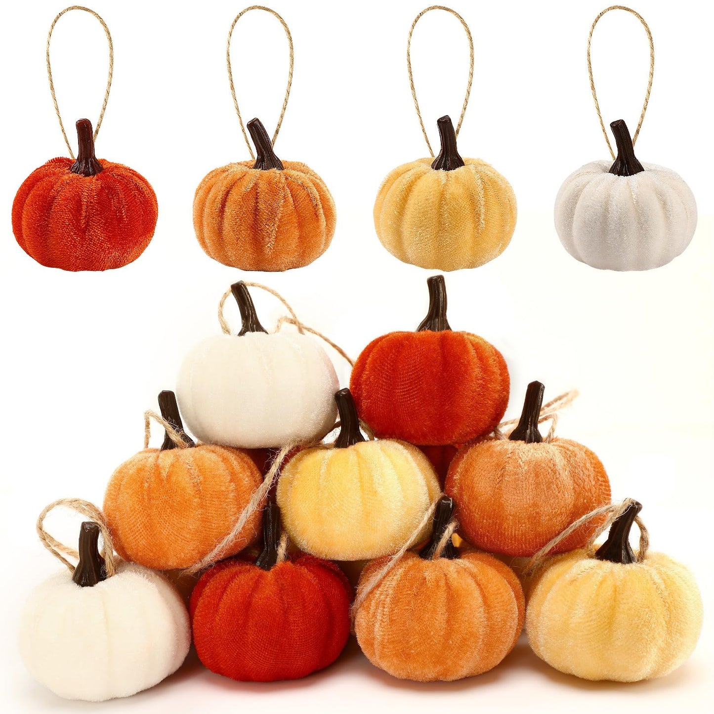 DTOFOOT 16 Pcs Fall Thanksgiving Pumpkin Hanging Ornaments, Autumn Velvet Fabric Wrapped Pumpkin Pendant for Farmhouse Harvest Halloween and Home Party Decor