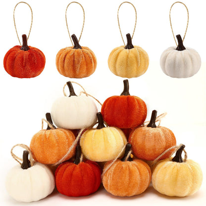 DTOFOOT 16 Pcs Fall Thanksgiving Pumpkin Hanging Ornaments, Autumn Velvet Fabric Wrapped Pumpkin Pendant for Farmhouse Harvest Halloween and Home Party Decor