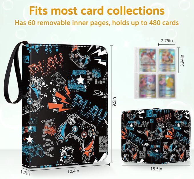 Card Binder Holder 480 Pockets with 60 Removable Sleeves, Portable Game/Sports Trading Cards Binder Album Collector Organizer Protectors with Zipper,Waterproof