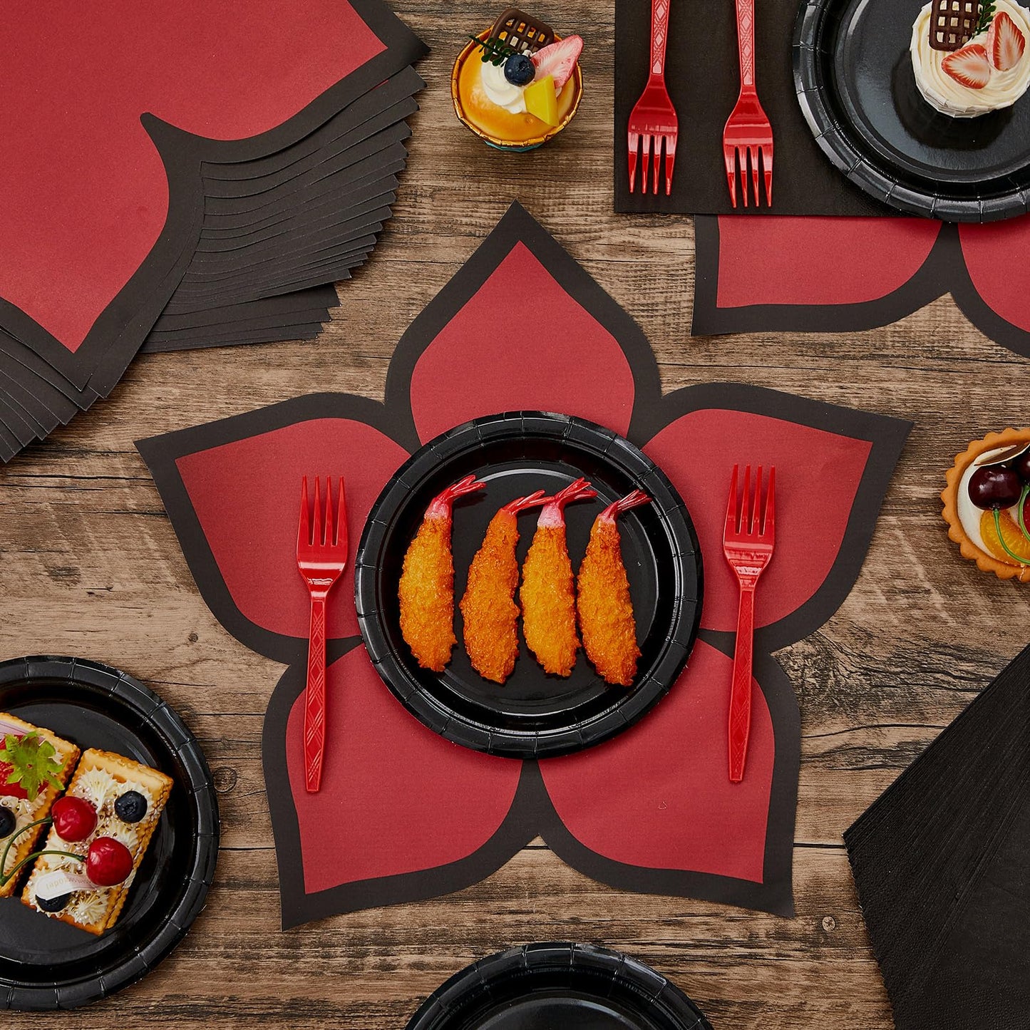 Yungyan 96 Pcs Spooky Rustic Black and Red Birthday Party Supplies Tableware Set Plates, Forks, Napkins and Flower Disposable Placemats for Gothic Birthday Spooky Theme Fiesta Party Decorations Serves
