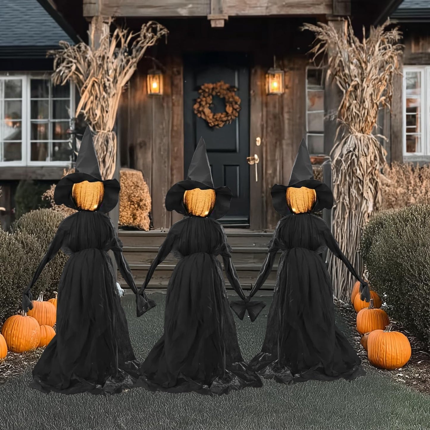 TW SHINE Halloween Witch Decorations Outdoor, 5 FT Set of 3 Holding Hands Witches Stakes with Glowing Face, Lighted Halloween Decor for Party Yard Lawn Porch Garden Haunted House Props
