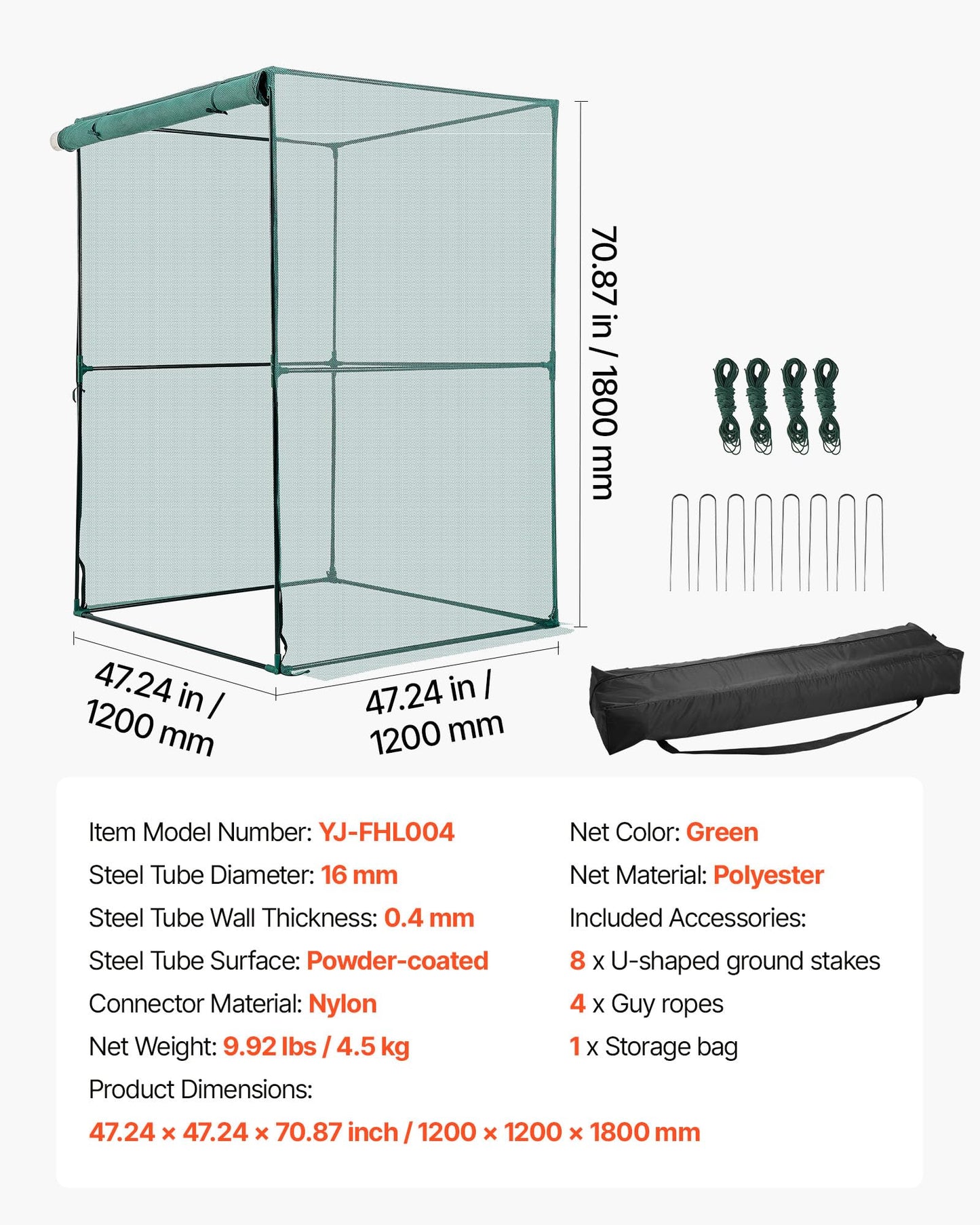 VEVOR Crop Cage, 3.9 x 3.9 x 5.9 ft Plant Protection Tent with Zippered Door, Wind-Resistant Tall Crop Cage, Easy to Install, Outdoor Raised Bed Cover, Tomato Plant Netting for Garden Patio Lawn
