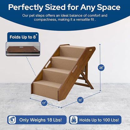 Stakmore Pet Steps with Solid Fruitwood Construction and Foldable Design, Stairs for High Beds for Pets in All Life Stages, Brown Felt