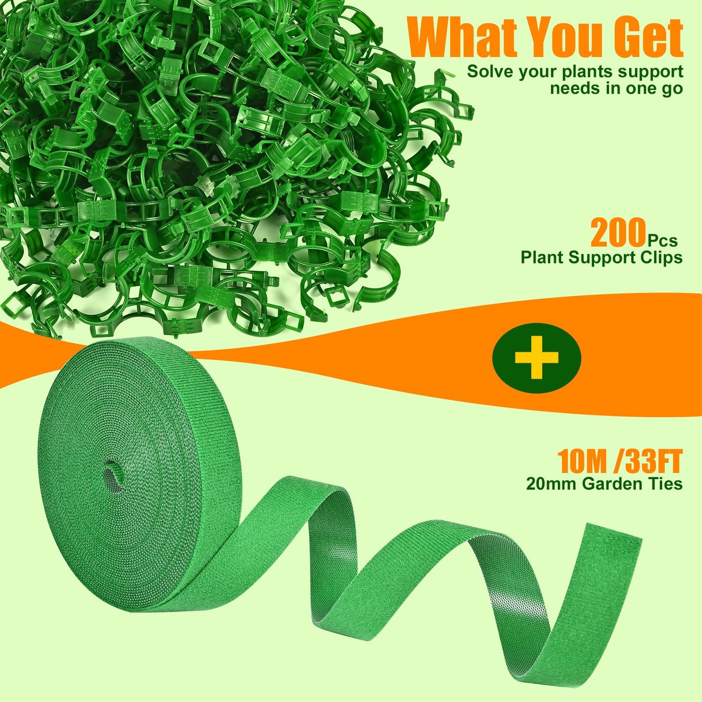 owandan 200Pcs Secured Plant Support Clips with Plant Ties 20mm 33ft - Tomato Clips Garden Tape Strap for Garden Netting Climbing Plants, Fixing Stem and Vine (Green)