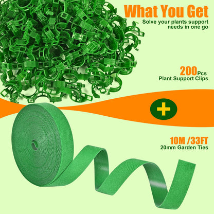 owandan 200Pcs Secured Plant Support Clips with Plant Ties 20mm 33ft - Tomato Clips Garden Tape Strap for Garden Netting Climbing Plants, Fixing Stem and Vine (Green)