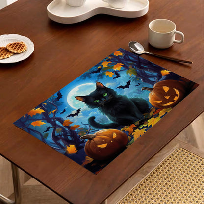 Black Cat Placemats Set of 6,Halloween Pumpkin Heat Resistant Non Slip Table Mats,Washable Wipe Clean Dining Placemats 12 x 18 Inches