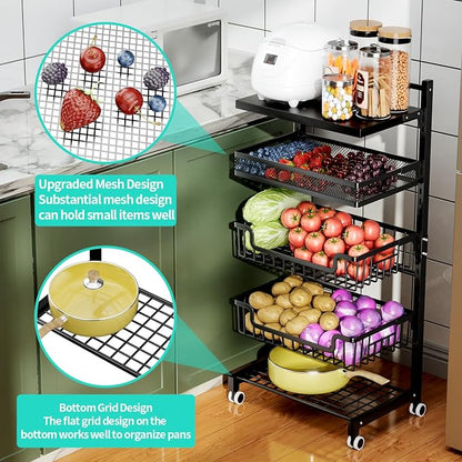 HapiRm Fruit Basket Kitchen Cart - 5 Tier Adjustable Vegetable Storage Rack, Large Capacity Rolling Kitchen Carts on Wheels for Snack Onion and Potato Storage
