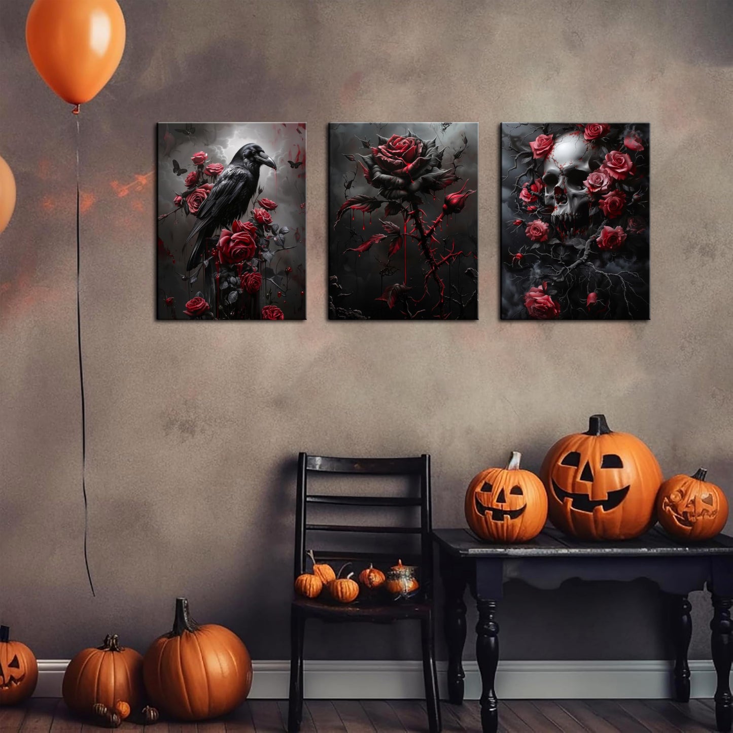 Gothic Canvas Wall Art Set of 3, Romantic Rose Halloween Wall Decor Paintings, Dark Goth Crow Skull Posters Prints for Bathroom Living Room Gallery Home Decor 12x16In Framed