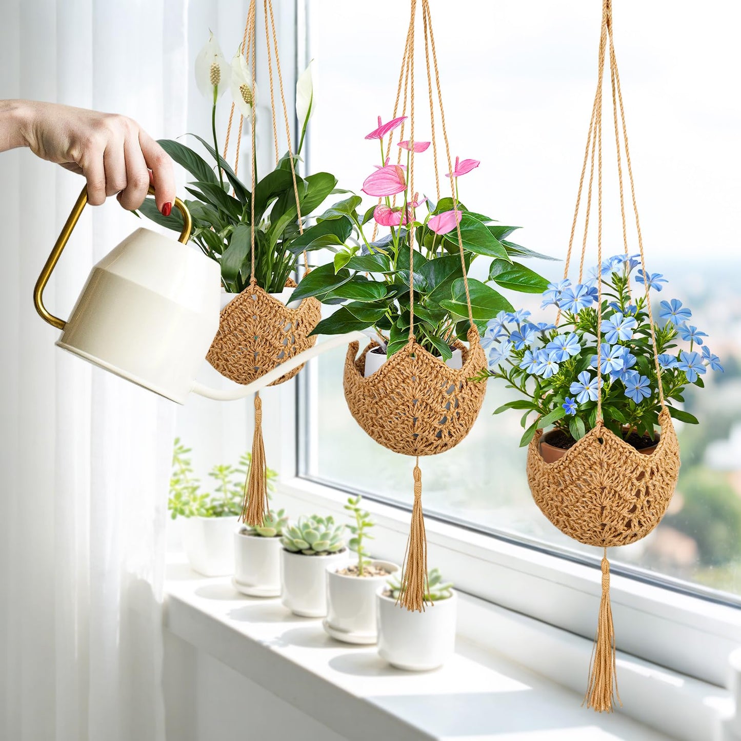 VZZNN 6 Pack Hand-Woven Macrame Plant Hanger - Hanging Plant Holder with 12 Hooks for Indoor Green Plant Hanging and Bohemian Style Home Decor (Brown)