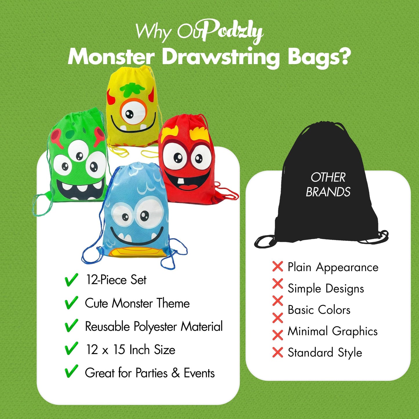 Podzly Drawstring Bags Bulk 12 Pack – Monster Themed Drawstring Backpack Bulk – 12" x 15" Washable Polyester Cinch Sackpack – Kids Party Favor Goody Bags for Halloween, Birthday, Dulceros Fiestas
