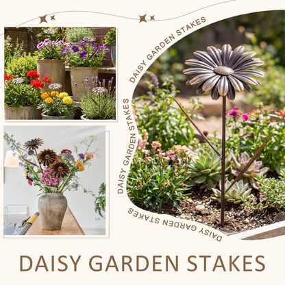 5 Pcs 11.8 Inch 3D Rusty Metal Garden Stakes, Weatherproof Decorative Plant Picks for Farmhouse Outdoor Yard, Lawn, Patio & Walkway(Daisy)