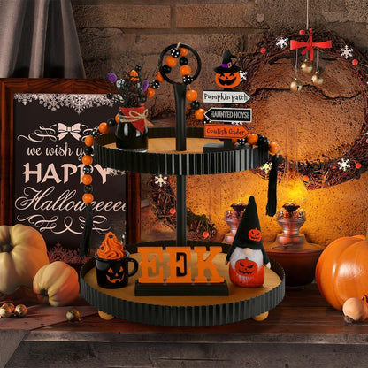 Halloween Decorations 6PCS Tiered Tray Decor, Cute Tabletop Halloween Decor for Home Indoor Tray Shelf Mantel Office Table Centerpieces Farmhouse Rustic Spooky Wood Signs