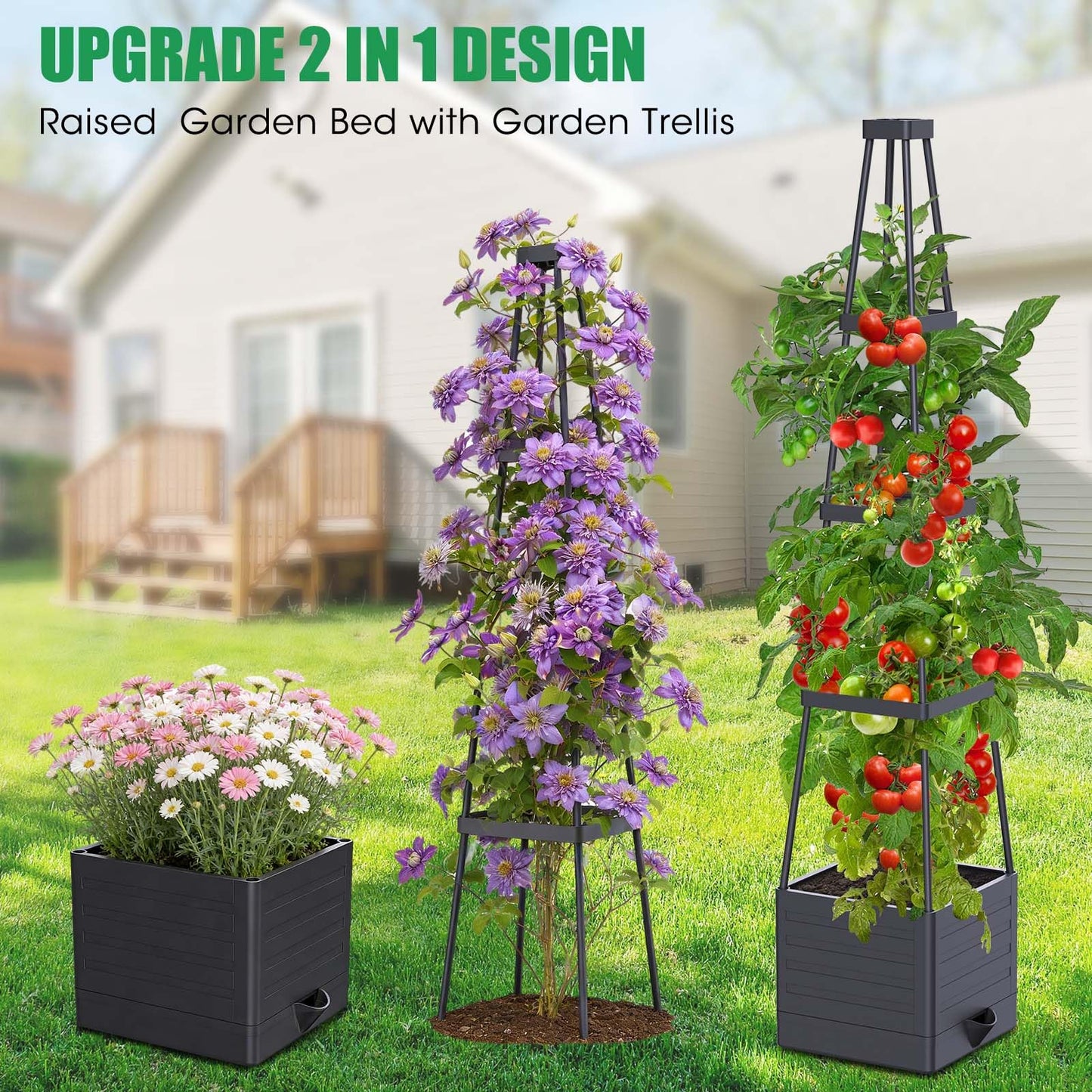 MQHUAYU 4 Pack Raised Garden Bed Planter Box with Trellis, 57" Self-Watering Tomato Cage Planters for Climbing Plants Vegetable Vine Flowers Outdoor & Indoor (57x9.8x9.8IN)