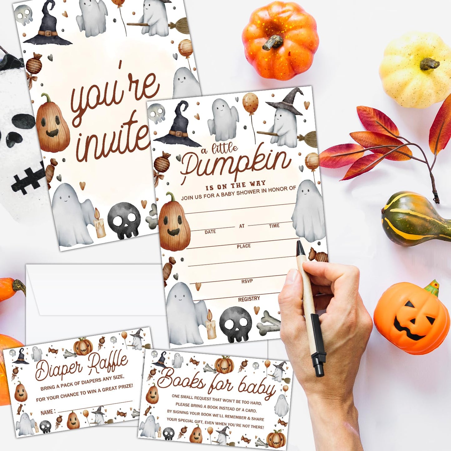 ZEDEV Deluxe Baby Shower Invitations 25 Sets, A Little Pumpkin Is On The Way, Pumpkin Cute Ghost for Halloween, Party Invites Cards with Book Cards Diaper Raffle Tickets and Envelopes -02