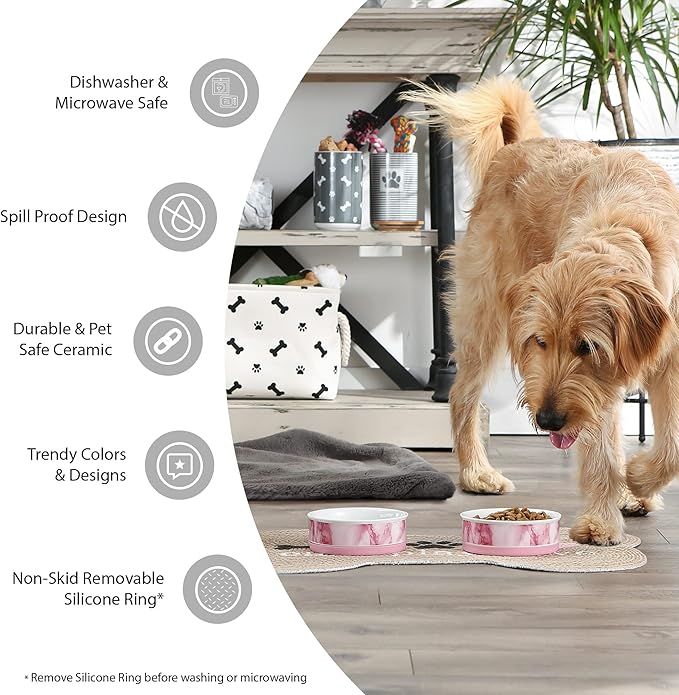 Bone Dry Ceramic Food & Water Bowls for Pets Non-Slip for Secure, Less Messy Feeding, Microwave & Dishwasher Safe, Single Dish Large, 7.5x2.4", Red White & Blue
