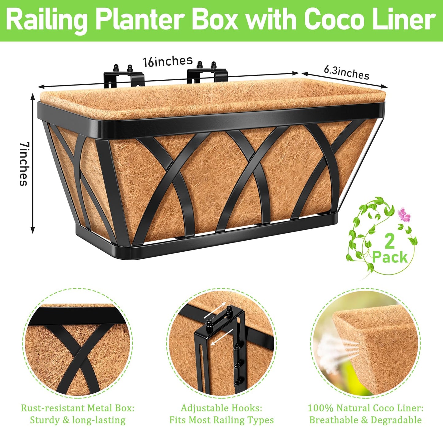 Riare 2 Pack 16 Inch Metal Railing Planter Window Box with Coco Liner- Adjustable Window Flower Boxes for Railings, Hanging Rail Planters for Deck, Balcony, Porch, Fence, Indoor Outdoor Plants