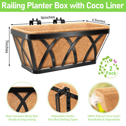 Riare 2 Pack 16 Inch Metal Railing Planter Window Box with Coco Liner- Adjustable Window Flower Boxes for Railings, Hanging Rail Planters for Deck, Balcony, Porch, Fence, Indoor Outdoor Plants