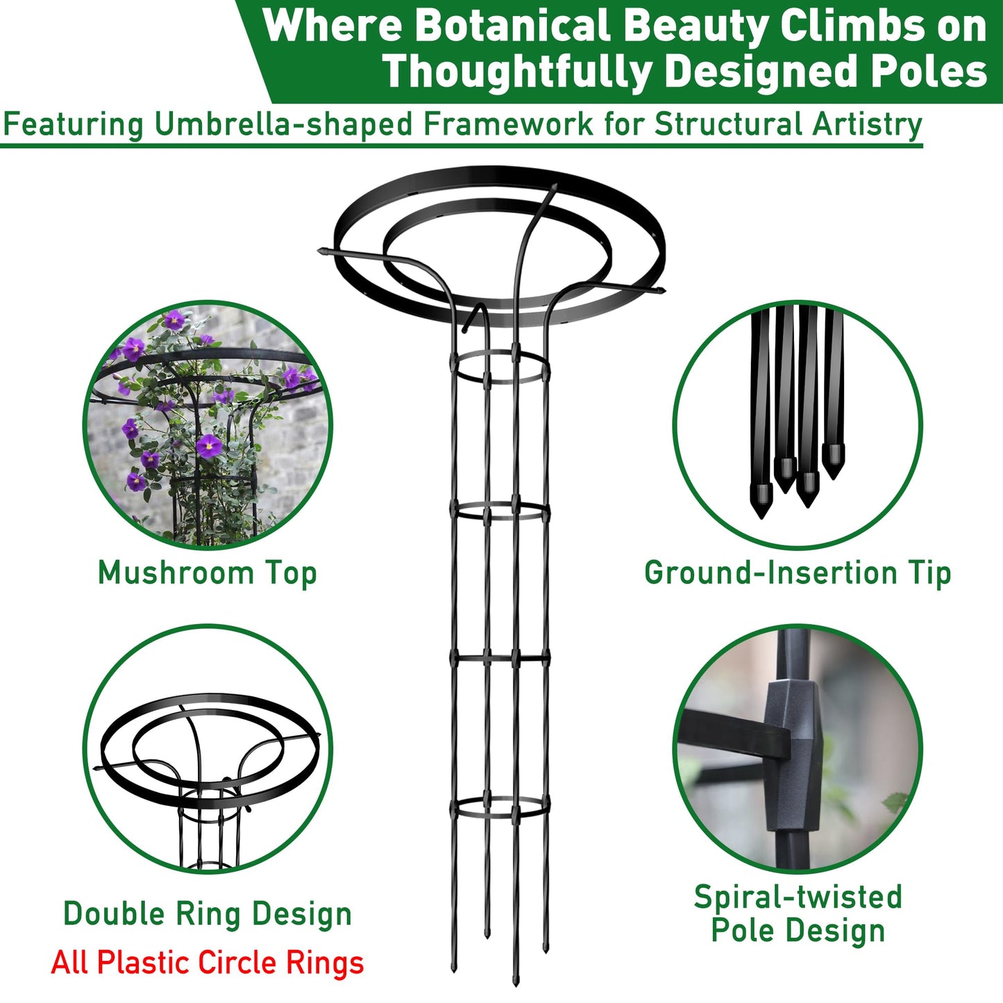 Carotex Mushroom Top Trellis for Climbing Plants Outdoor, 5.74FT Decorative Obelisk Plant Support with Rustproof PE-Coated Metal Poles, Rose Trellis for Clematis Ivy, Black