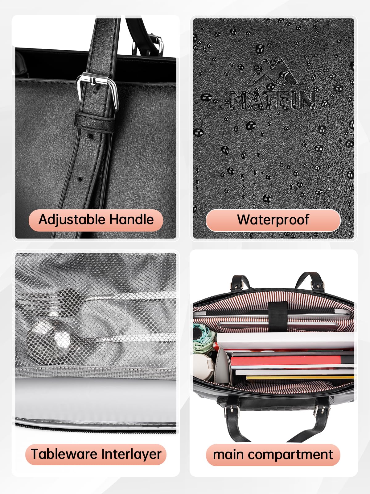 MATEIN Laptop Tote Bag with Insulated Lunch Compartment, 15.6 Inch PU Leather Briefcase with Leakproof Lunch Box Pocket for Women, Convertible Lightweight Computer Work Bag Handbag for Office, Black
