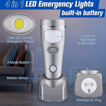 Enhon 6 Pack 4 in 1 LED Emergency Lights for Home Power Failure, Rechargeable Plug in Flashlight Motion Sensor Night Light, Automatic Turn On Power Outage Light for Home Hurricane Supplies (Silver)