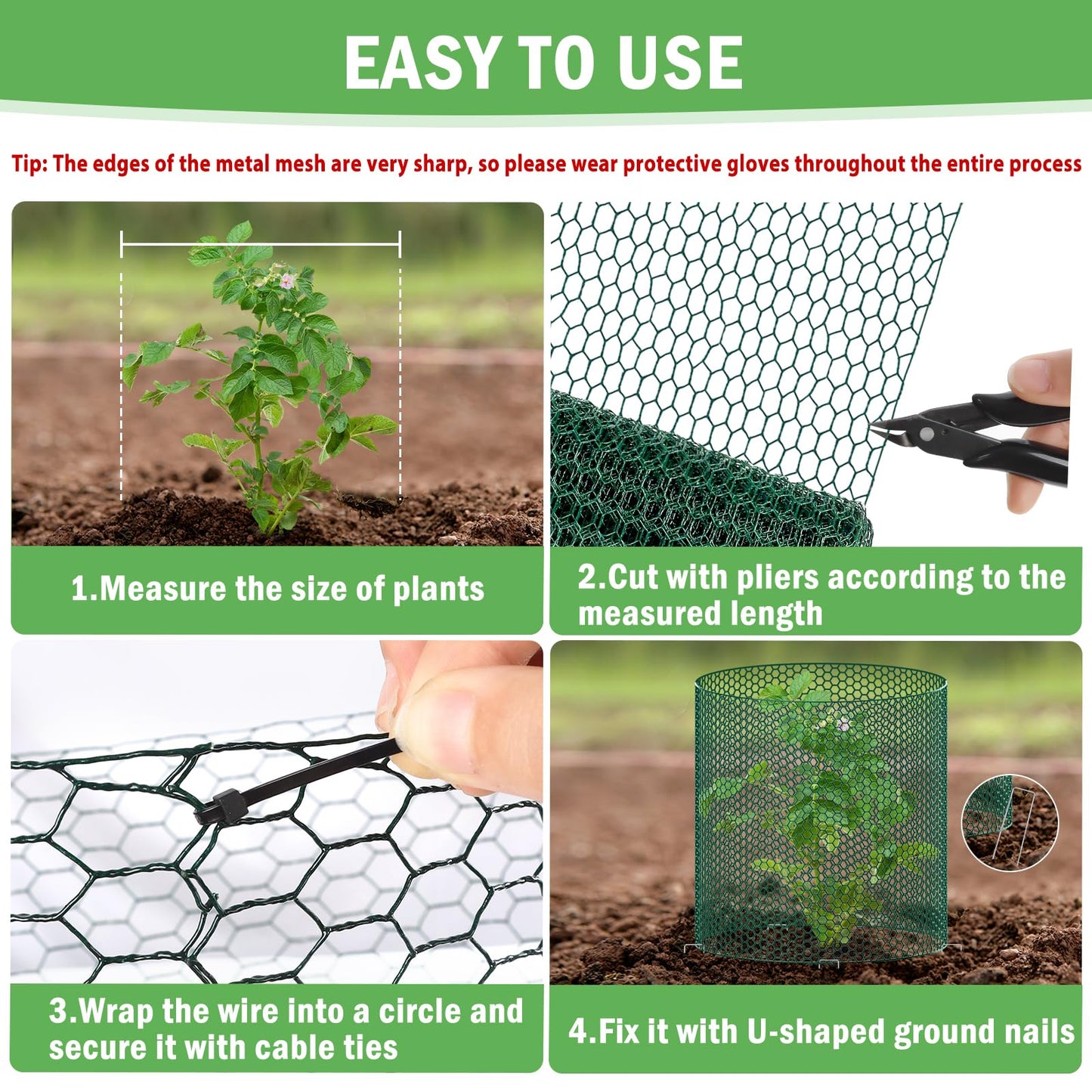 40Ft x 16In Plant Protectors from Animals, Plant Cages for Outdoor Plants, Free-Cut Wire Plant Protector, Plant Cover Chicken Wire Fencing with Ground Stakes & Ties to Keeping Bunny Animals Out