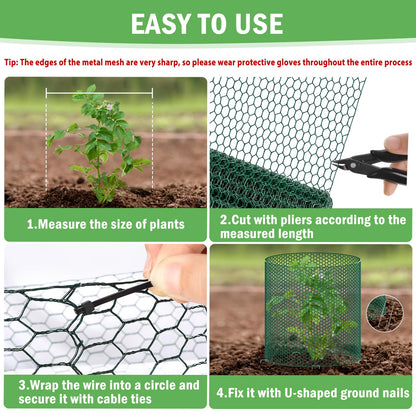 40Ft x 16In Plant Protectors from Animals, Plant Cages for Outdoor Plants, Free-Cut Wire Plant Protector, Plant Cover Chicken Wire Fencing with Ground Stakes & Ties to Keeping Bunny Animals Out