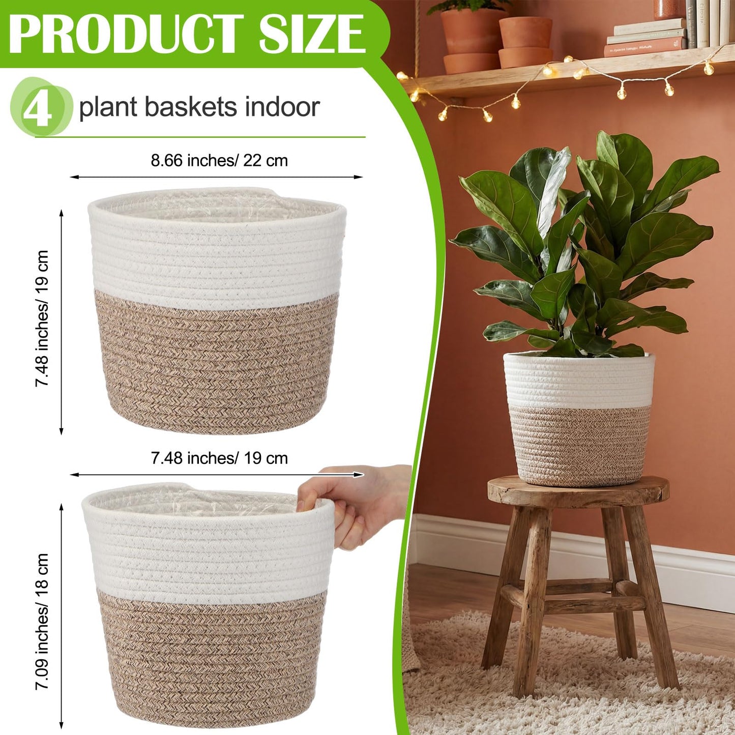 Fiwochic 4 Pcs Cotton Rope Plant Baskets Indoor Woven Flower Baskets with Plastic Liner, Plant Planter for Indoor Outdoor Spring Rustic Boho Home Farmhouse Floor Potted Pots Decor