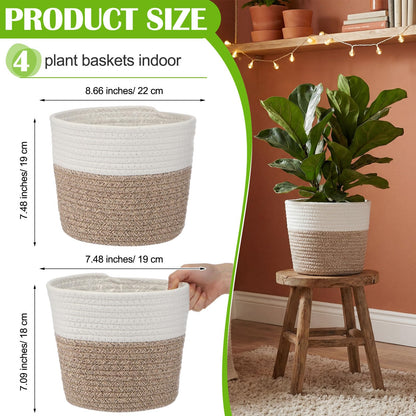 Fiwochic 4 Pcs Cotton Rope Plant Baskets Indoor Woven Flower Baskets with Plastic Liner, Plant Planter for Indoor Outdoor Spring Rustic Boho Home Farmhouse Floor Potted Pots Decor