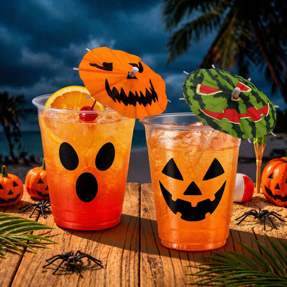 FoldTier 24 Set 12oz Summer Halloween Plastic Cups with Drink Umbrella Picks Bulk Halloween Cups with Cocktail Umbrella Stirrers Jack O Lantern Ghost Design for Trick or Treat Boo Party Supplies
