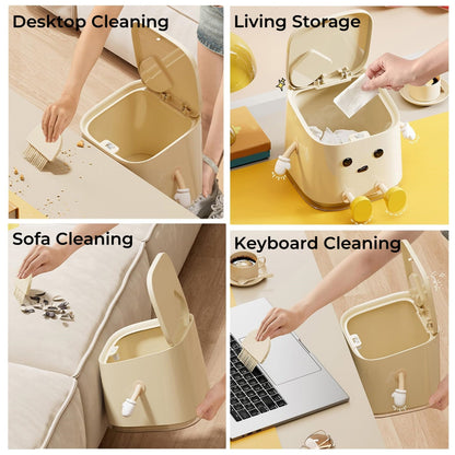 AIWE7D Desktop Mini Trash Can with Lid and Brush, Small Desktop Trash Can for Desk, Bathroom, Bedroom, Kitchen, Car, Office Square Waste Basket Small Garbage Can Hidden Bag Garbage Bin(Sitting)
