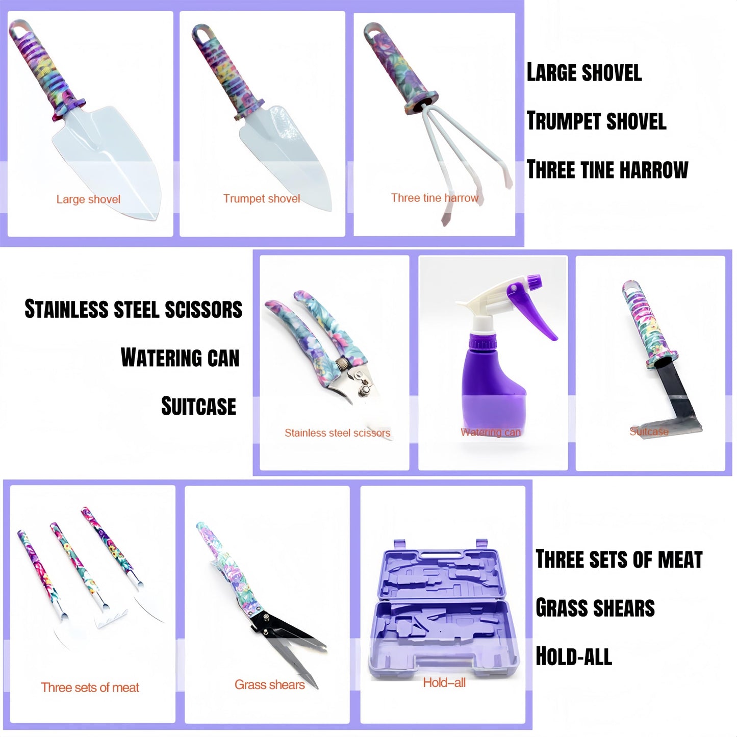 10-Piece Garden Tools Set - Heavy Duty Hand Gardening Kit: Shovel, Pruners, Trowel, Rake for Plant Care, Bonsai Trimming, Weeding & Yard Work (Purple)