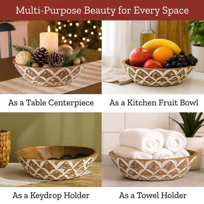 Mie Creations 10'' Decorative Wooden Bowl, Wood Serving Bowl for Fruits, Salad, Desserts, Snacks, Popcorn, Kitchen Counter | Rustic Table Centerpiece Thanksgiving Christmas Decor- 10x3 inch Whitewash
