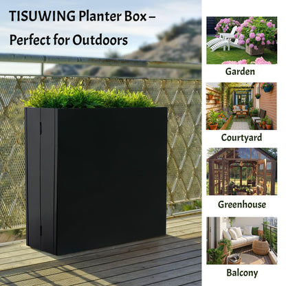 TISUWING Metal Planter Box, No Installation Galvanized Steel Folding Rectangular Planter with Drainage Holes, 35.5"x 10"x 28" Black Outdoor Planter for Porch/Patio/Garden