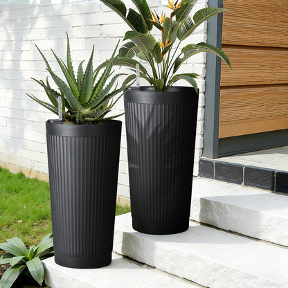 TUYOHW Self-Watering 24in Plastic Round Planter with Vertical Ribbed Design – Indoor Outdoor Flower Pot for Plants, Herbs, and Small Trees, Set of 2
