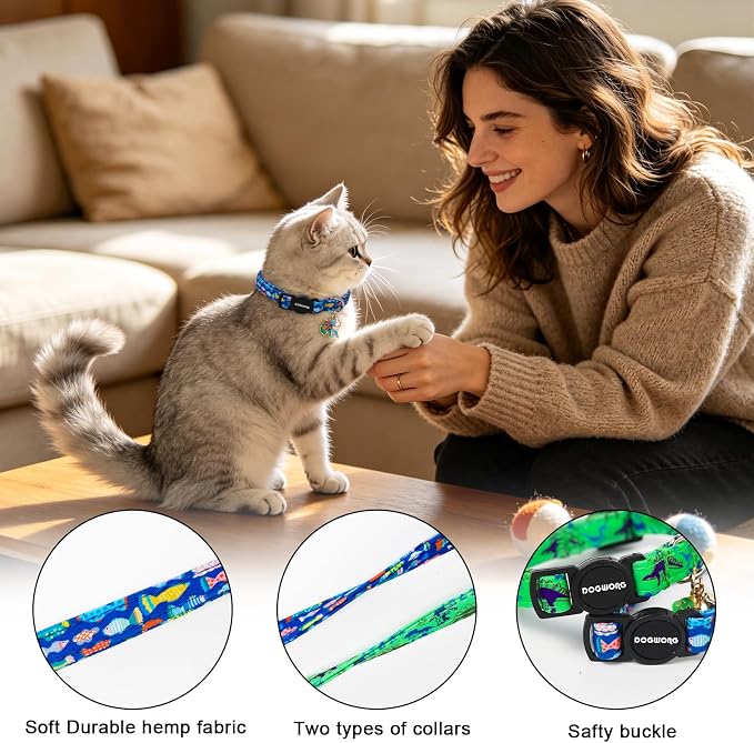 2 Pack Cotton Kitten Collars with Bells and Removable Charms, Cute Dinosaurs Collar for Indoor Boy, Girl and Adult Cats，Adjustable Kitten Collar 7-12 Inch