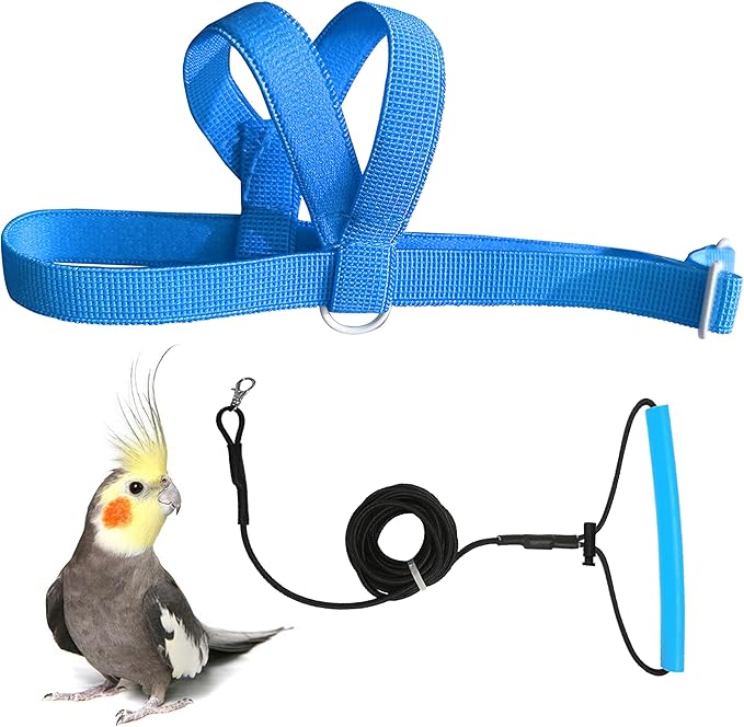 VANFAVORI Adjustable Bird Harness with 80 Inch Leash,Outdoor Flying Training Rope Kit for Bird Parrots Cockatiel S Size Weight 70-120 Grams,Blue