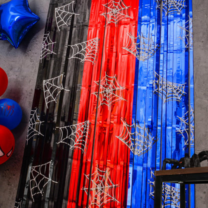 Bupelo Spider Web Birthday Decorations, 2 Pack Spider Party Supplies 3.3x6.6ft Tinsel Foil Fringe Curtains, Red Black, and Blue Photo Booth Prop Backdrop Streamer, Birthday Decor, Party Decor for Boys