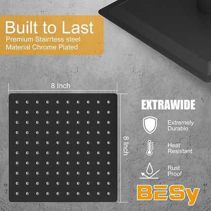 BESy 8 Inch Rain Shower Head, 8" Square Rainfall & High Pressure Stainless Steel Bath Showerhead, 1/16" Ultra Thin, Waterfall Full Body Coverage with Silicone Nozzle, Matte Black Finish
