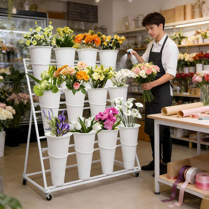 Flower Display Stands With Buckets, With 12pcs Buckets, 3-Tier Rolling Flower Bar,Heavy Duty Metal Flower Cart,For Indoor/Outdoor Use, Wedding Decor & Florist Displays (A - White frame, white bucket)